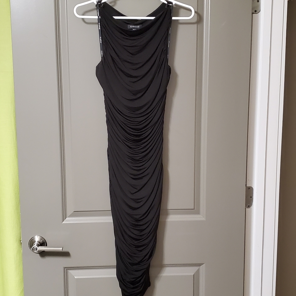 bebe ruched 90s midi sheath dress